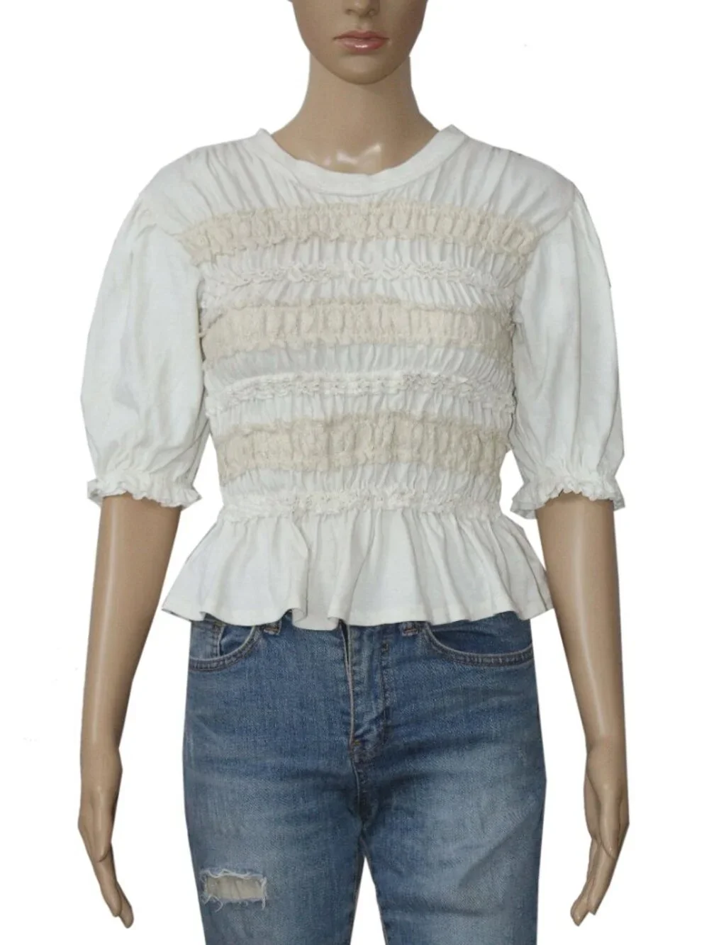 Free People Maxey Knit Top Smocked Cropped Fitted Puff Sleeve Ivory S